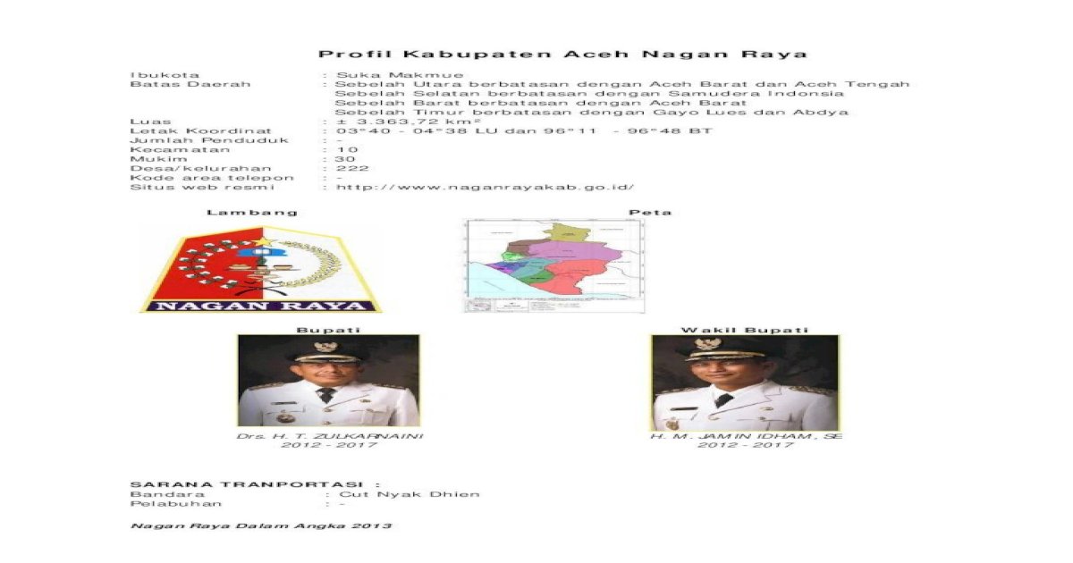 Profil Kabupaten Aceh Nagan Raya .Nagan Raya Dalam Angka