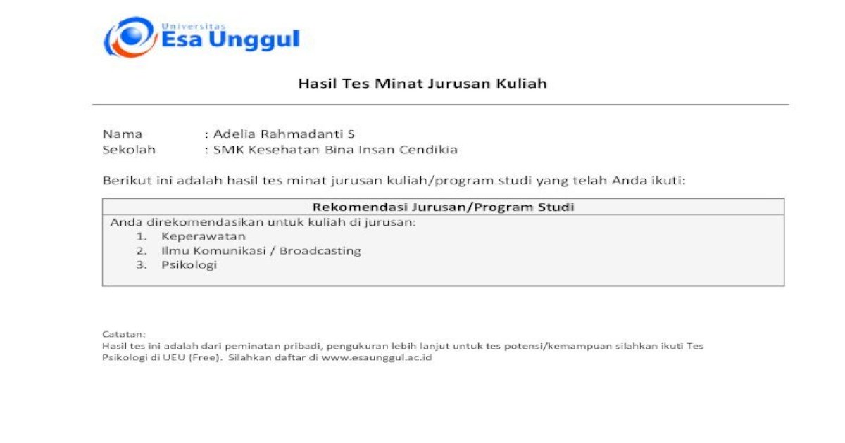 Hasil Tes Minat Jurusan Kuliah Esa Unggul University 2018 04 05آ Sekolah Smk Kesehatan Bina Insan Pdf Document